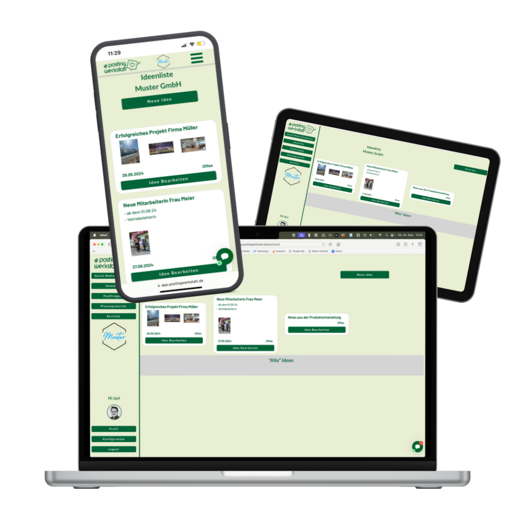 #postingwerkstatt Web-App Mockup mit Laptop, Smartphone und Tablet