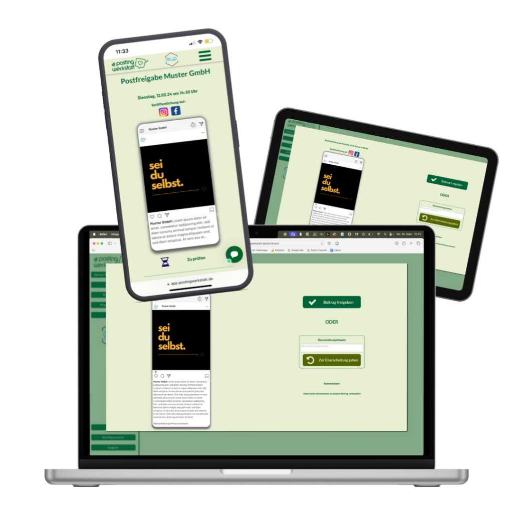 #postingwerkstatt Web-App Mockup mit Laptop, Smartphone und Tablet, Version 2